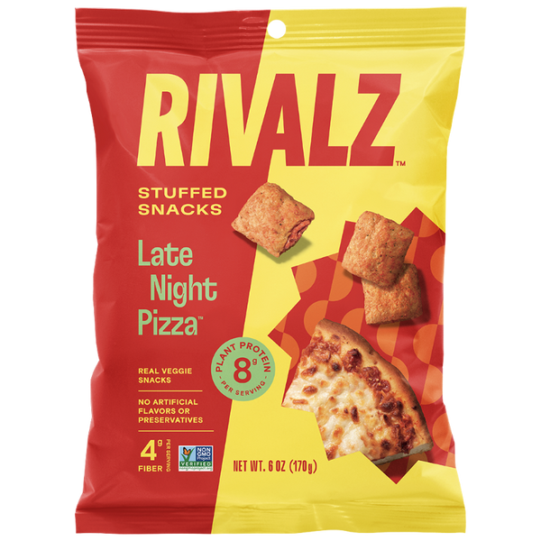 A Bag of Late Night Pizza Rivalz Veggie Snacks. Plant Protein. Allergy Friendly Snacks
