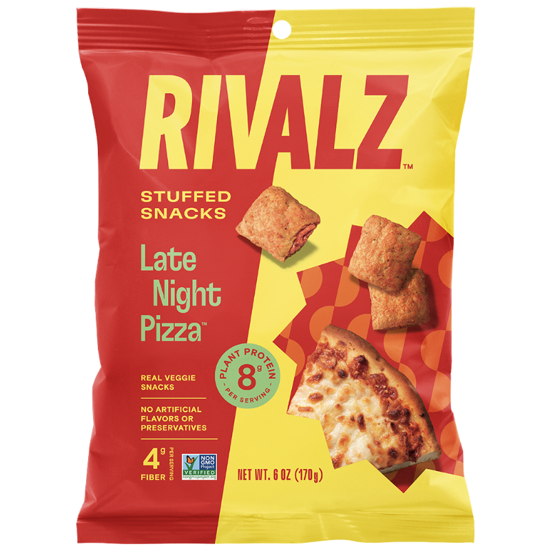 A Bag of Late Night Pizza Rivalz Veggie Snacks. Plant Protein. Allergy Friendly Snacks