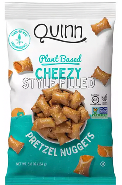 A bag of Quinn Plant Based Cheezy Style Filled Pretzel Nuggets