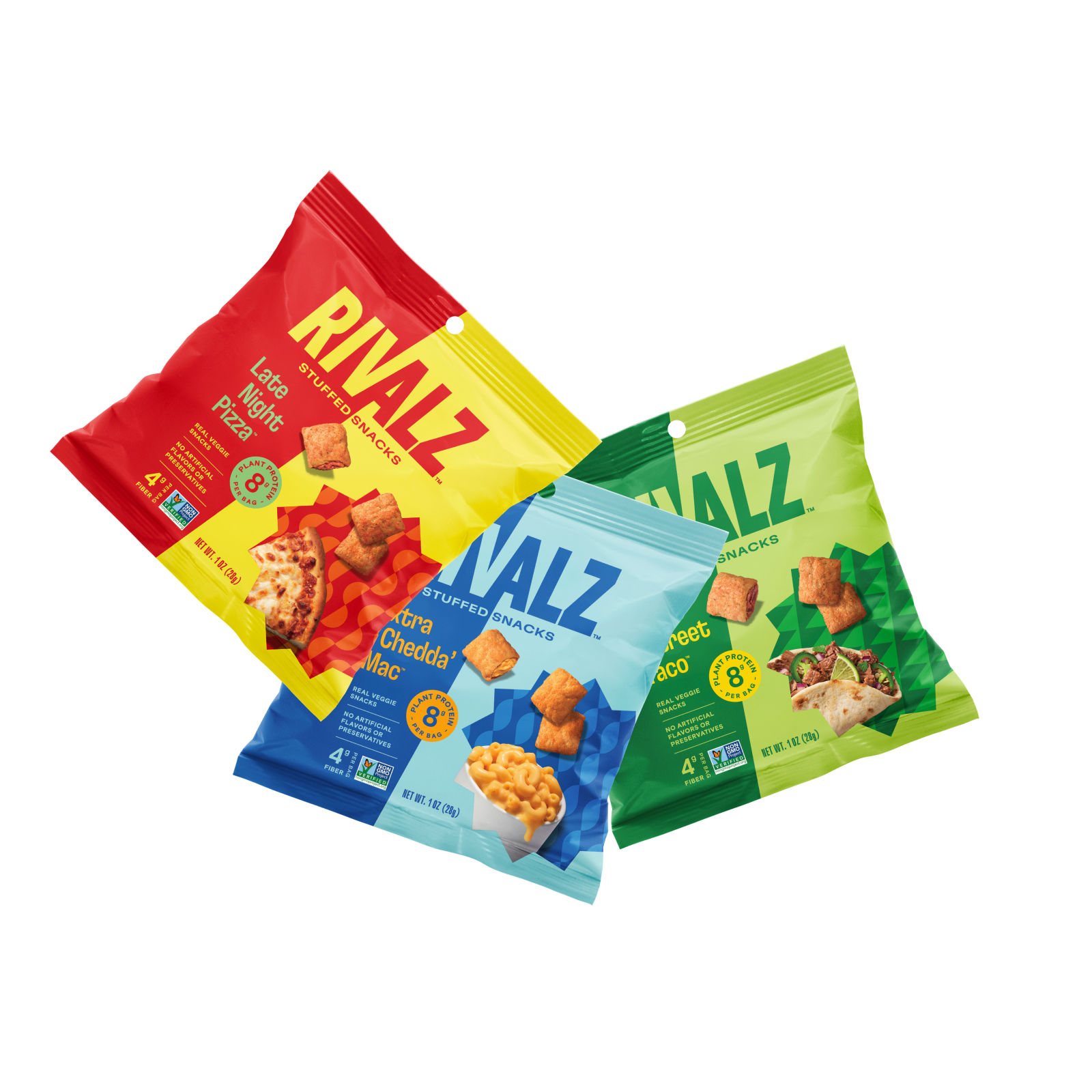 1oz variety pack bags of Spicy Street Taco, Late Night Pizza and Extra Chedda Mac plant-based snacks