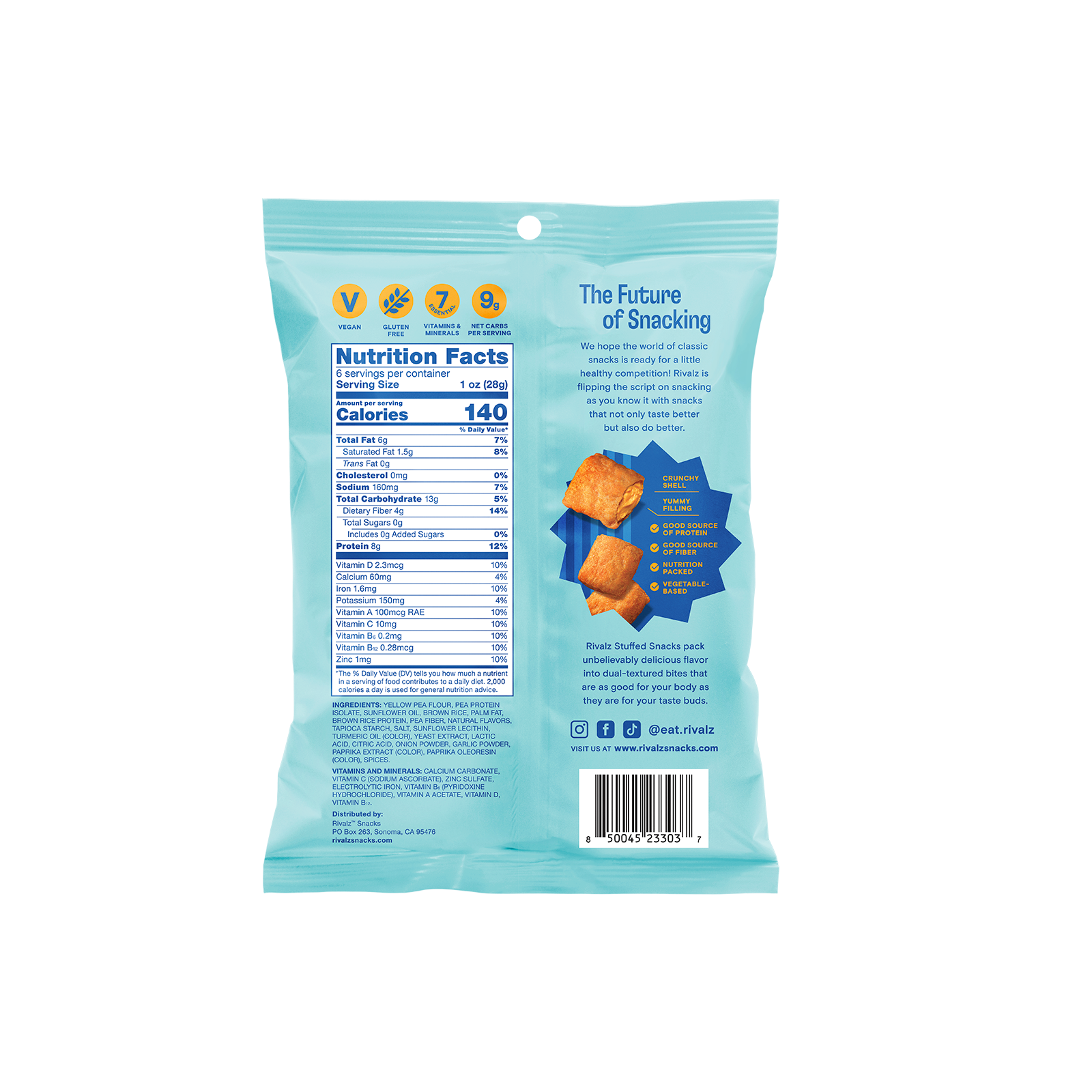 Back of a bag of Rivalz Snacks Extra Chedda Mac plant based and gluten free snacks