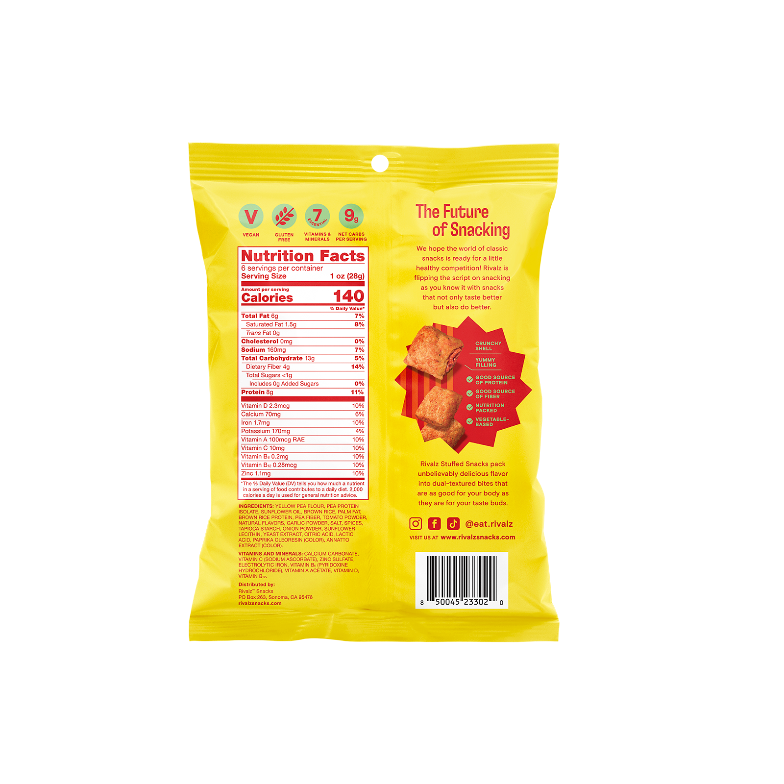 Back of a bag of Rivalz Snacks Late Night Pizza plant based snacks with protein. Allergy-friendly snacks 