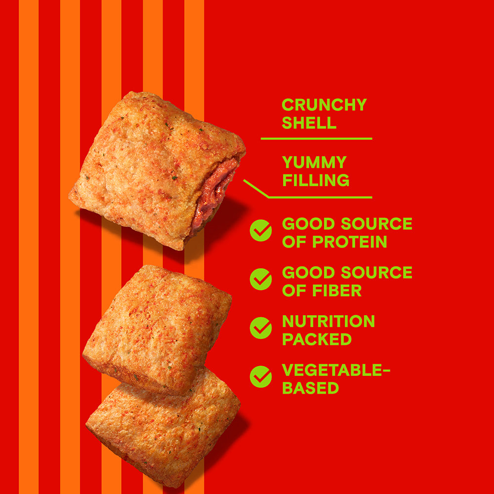 Diagram of Rivalz Snacks reading Crunchy Shell, Yummy Filling, Good Source of Protein, Nutrition Packed, Vegetable Based