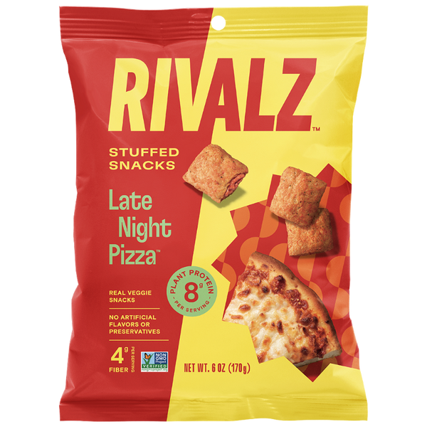 A Bag of Late Night Pizza Rivalz Veggie Snacks. Plant Protein. Allergy Friendly Snacks 