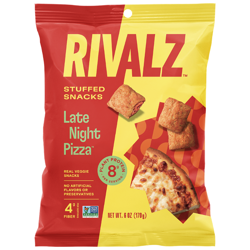 A Bag of Late Night Pizza Rivalz Veggie Snacks. Plant Protein. Allergy Friendly Snacks 
