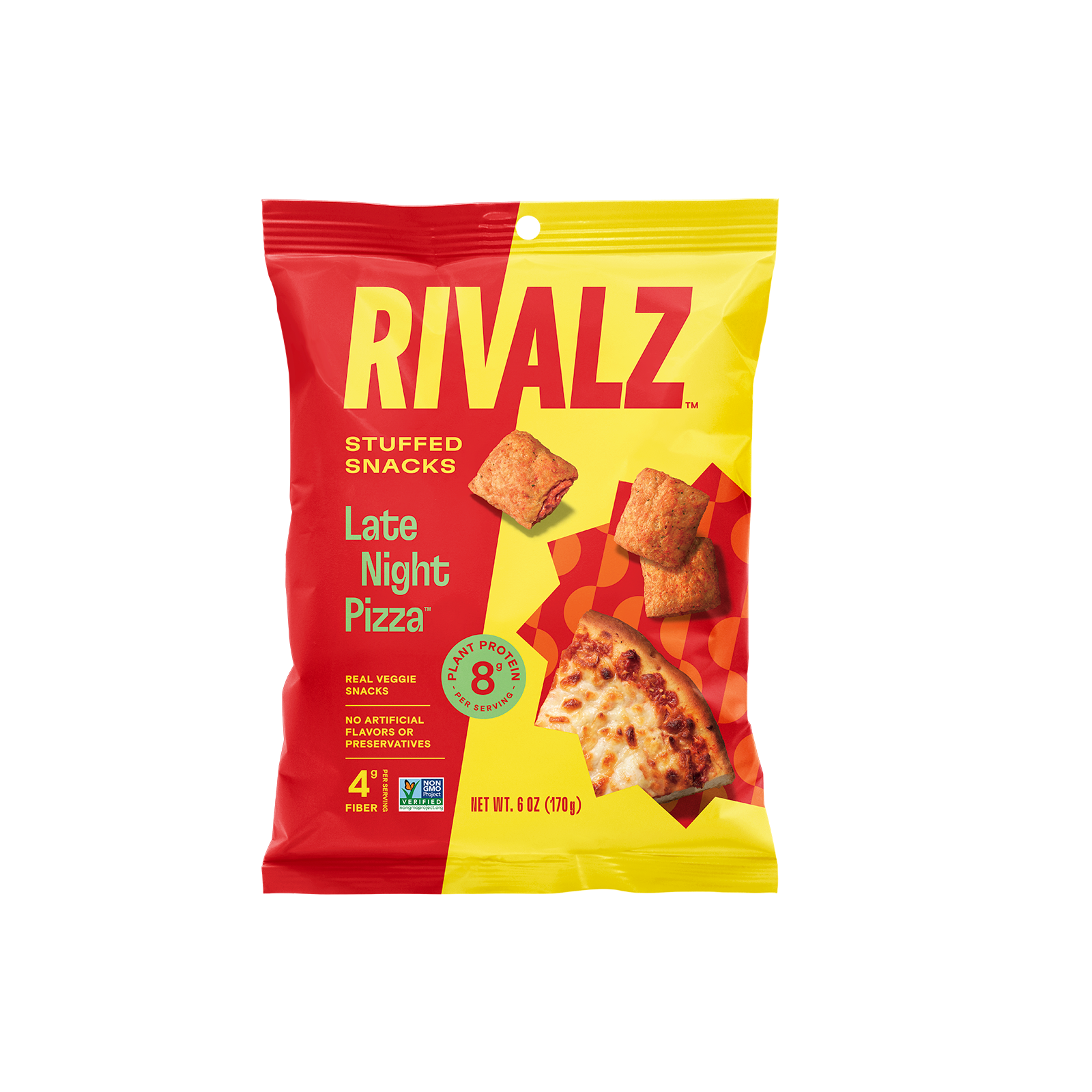 Front of a bag of Rivalz Snacks Late Night Pizza easy vegan party snacks with 8 grams of protein