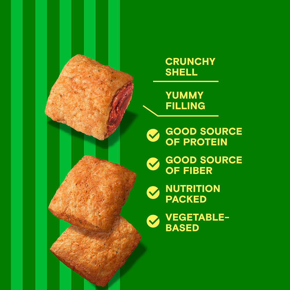 Diagram of Rivalz Snacks reading Crunchy Shell, Yummy Filling, Good Source of Protein, Nutrition Packed, Vegetable Based
