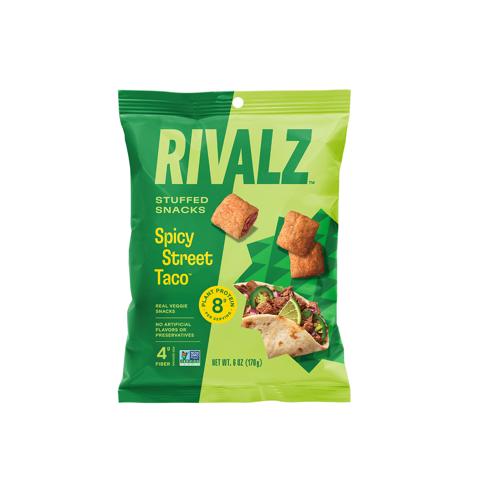 Front of a bag of Rivalz Snacks Spicy Street Taco veggie snacks with 8 grams of protein