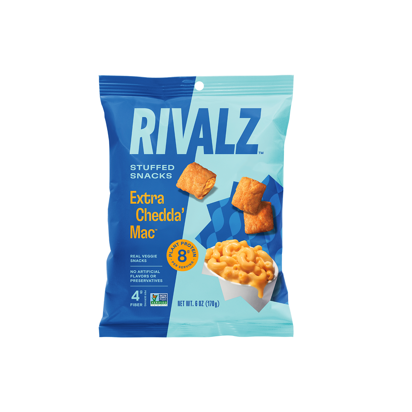 Front of a bag of Rivalz Snacks Extra Chedda Mac plant based snacks